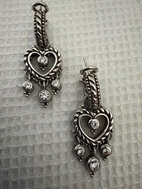 Judith Ripka Silver Heart Drop Dangle Earrings with Crystal Drops